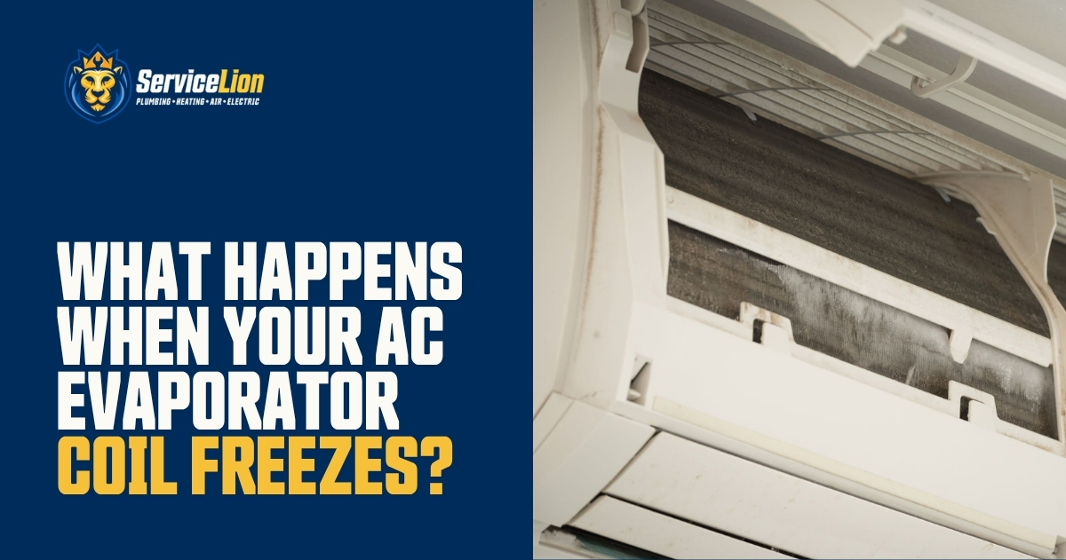 Close-up of a wall-mounted AC unit with a frozen evaporator coil, alongside text asking what happens when your AC coil freezes.