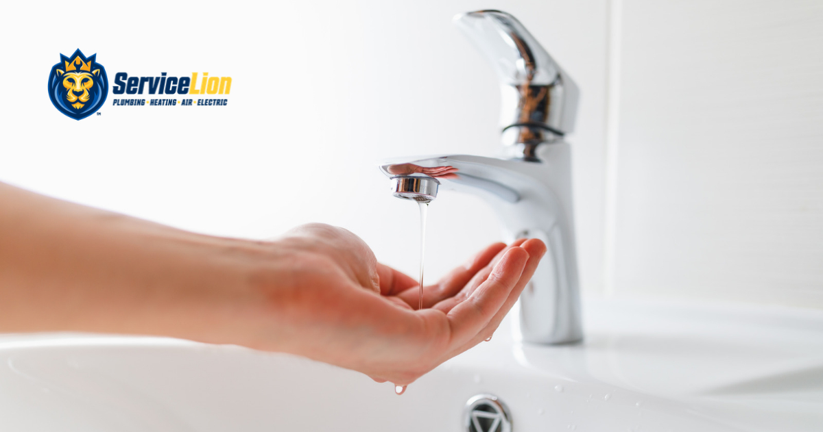 ServiceLion logo next to a faucet dripping water into a person’s cupped hand, highlighting common plumbing troubleshooting needs.