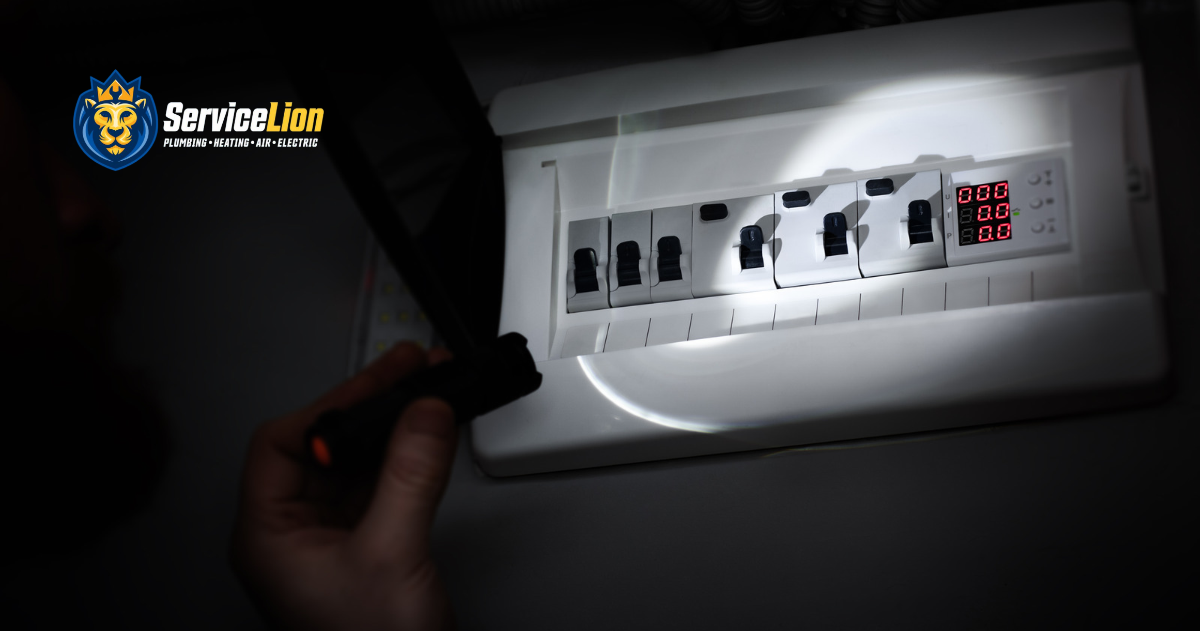 A person shines a flashlight on a home electrical breaker panel with a digital display during a power outage.
