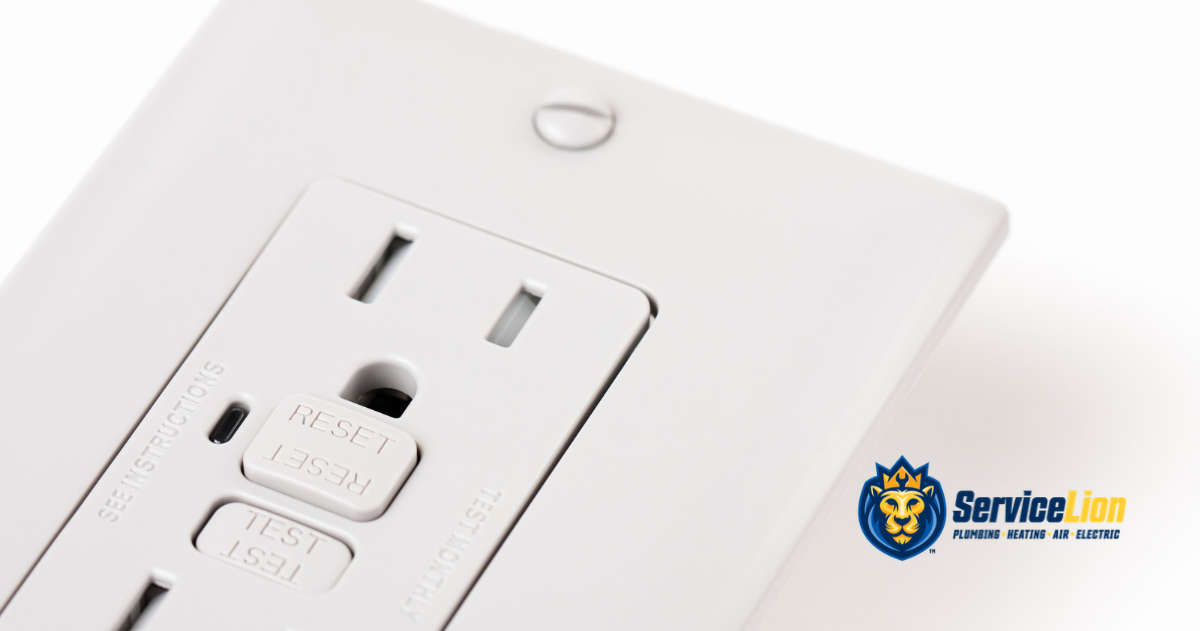 White GFCI electrical outlet with Test and Reset buttons and a ServiceLion logo, often used for electrical troubleshooting.