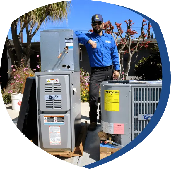 Service Lion technician beside residential heating and air conditioning equipment